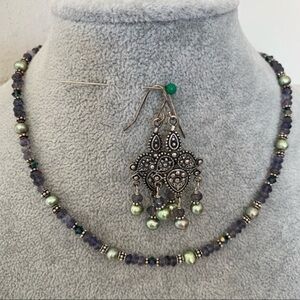 Artisan 925 Silver Green Pearl Purple Iolite beaded metal choker necklac…